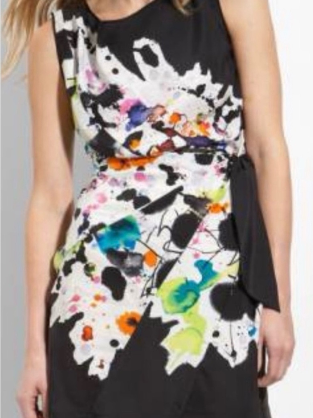 Diane Von Furstenberg Black Midi Dress with Multicolor Paint-Splash Print